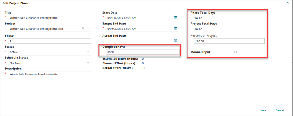 Changed fields for Completion %, Phase total days, Project total days, Percent of Project for 2023.4